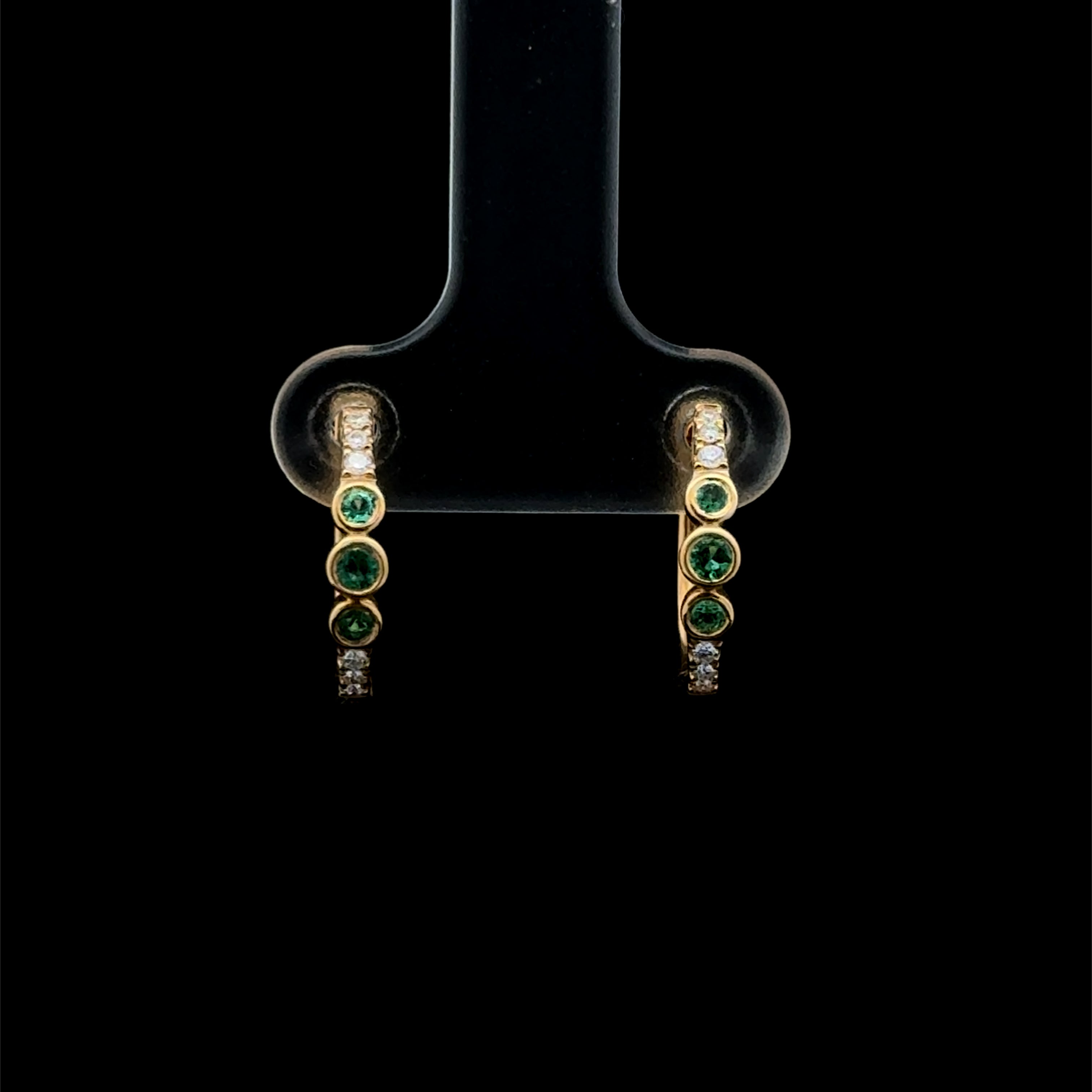Tri-Emerald & Diamond Yellow Gold Huggie Earrings