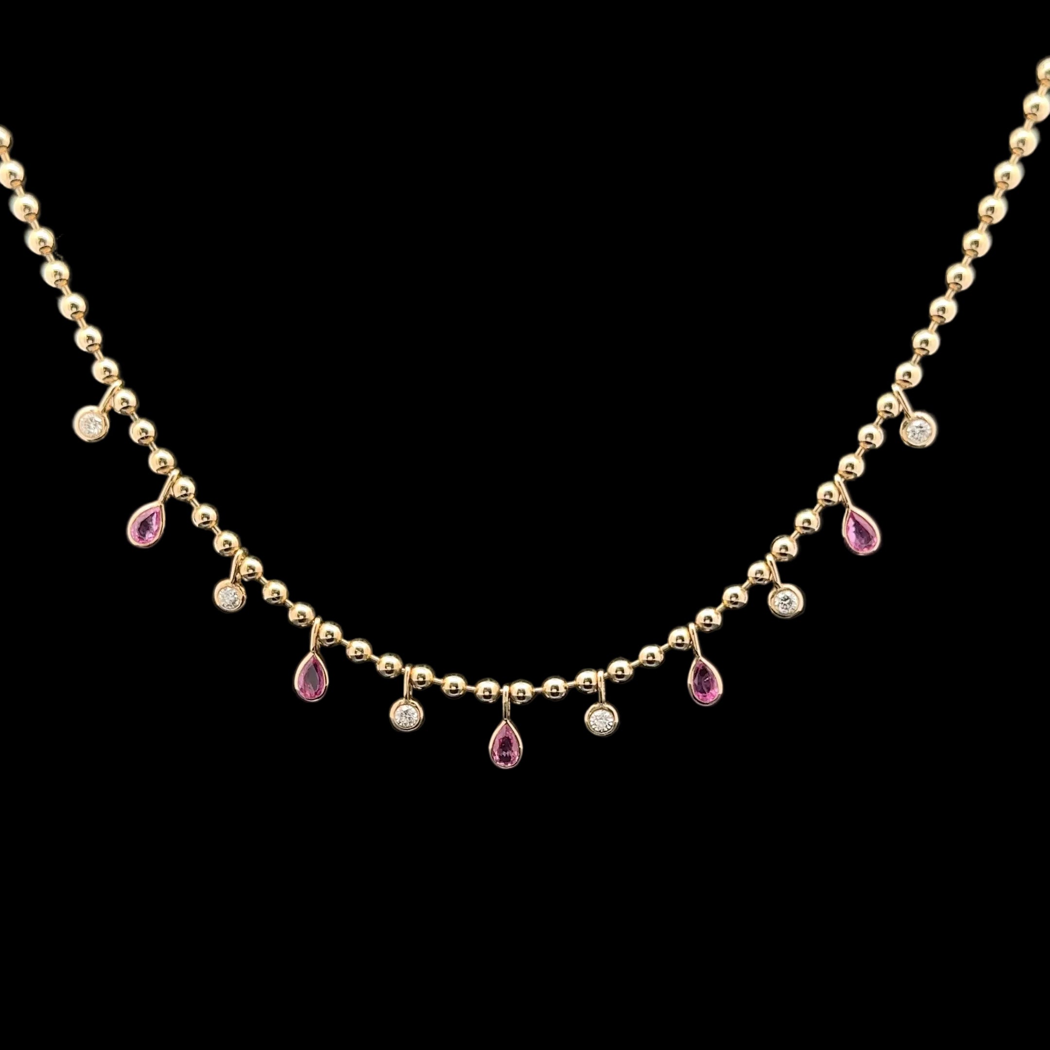 Diamond & Pink Sapphire Ball Chain Yellow Gold Necklace
