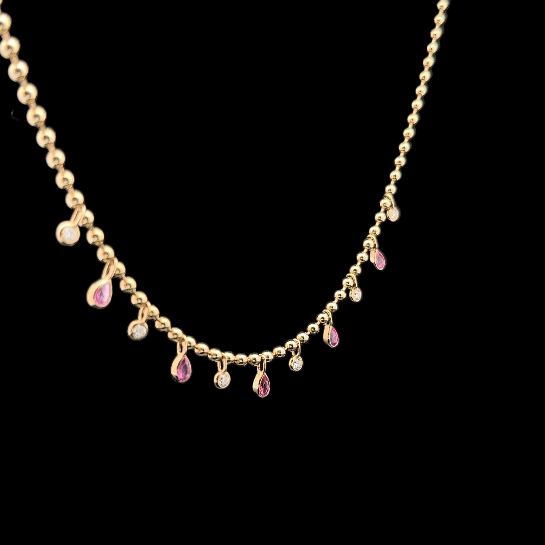Diamond & Pink Sapphire Ball Chain Yellow Gold Necklace