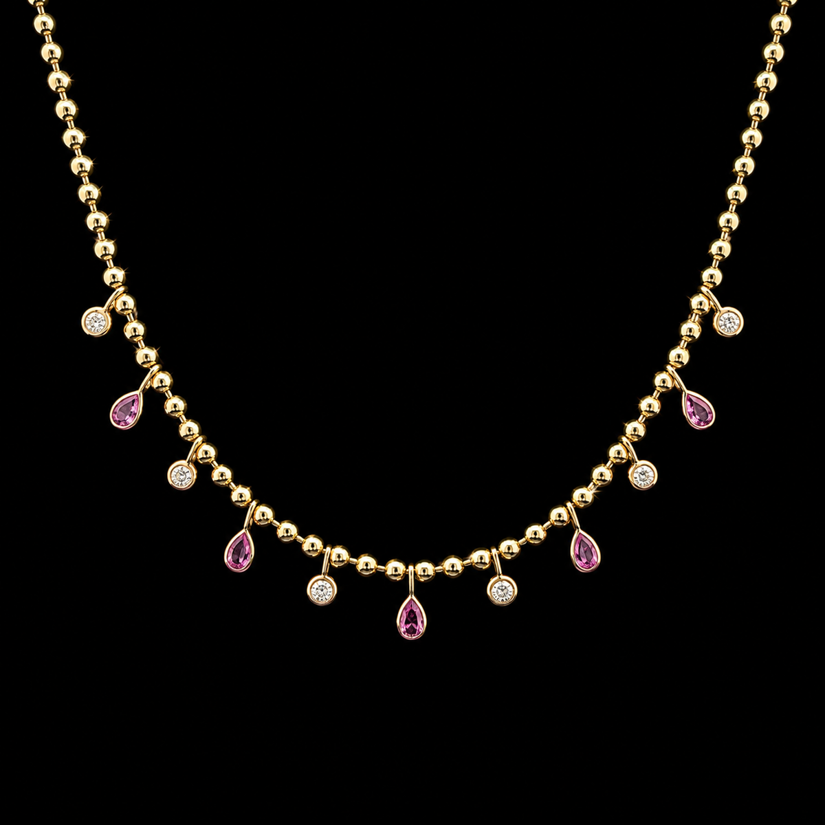 Diamond & Pink Sapphire Ball Chain Yellow Gold Necklace