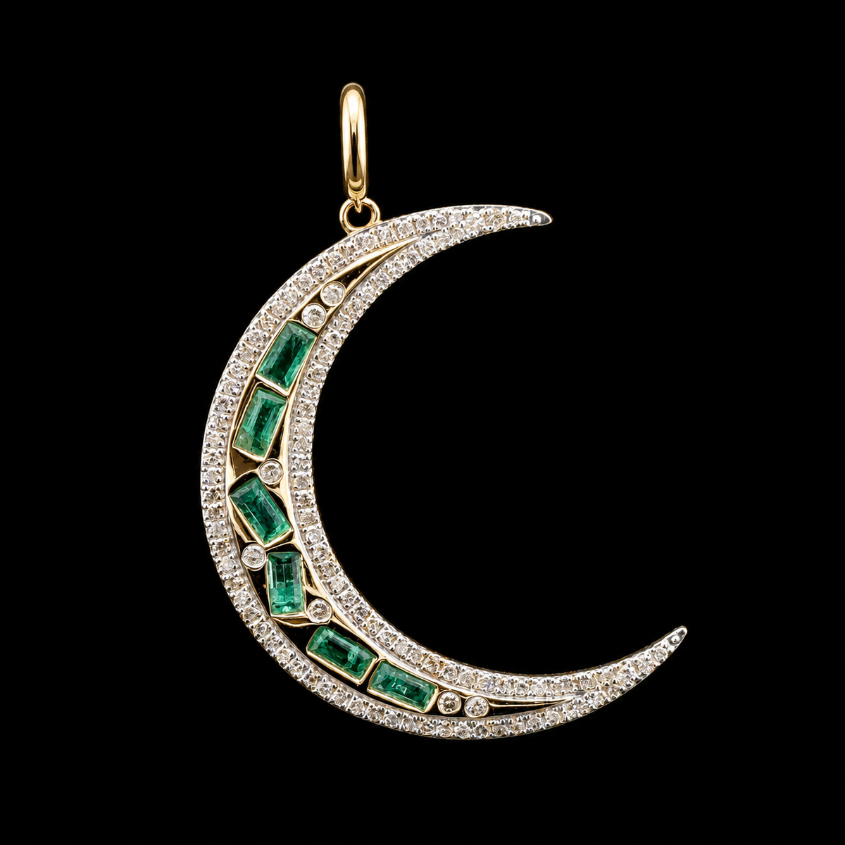 Emerald & Diamond Yellow Gold Moon Charm