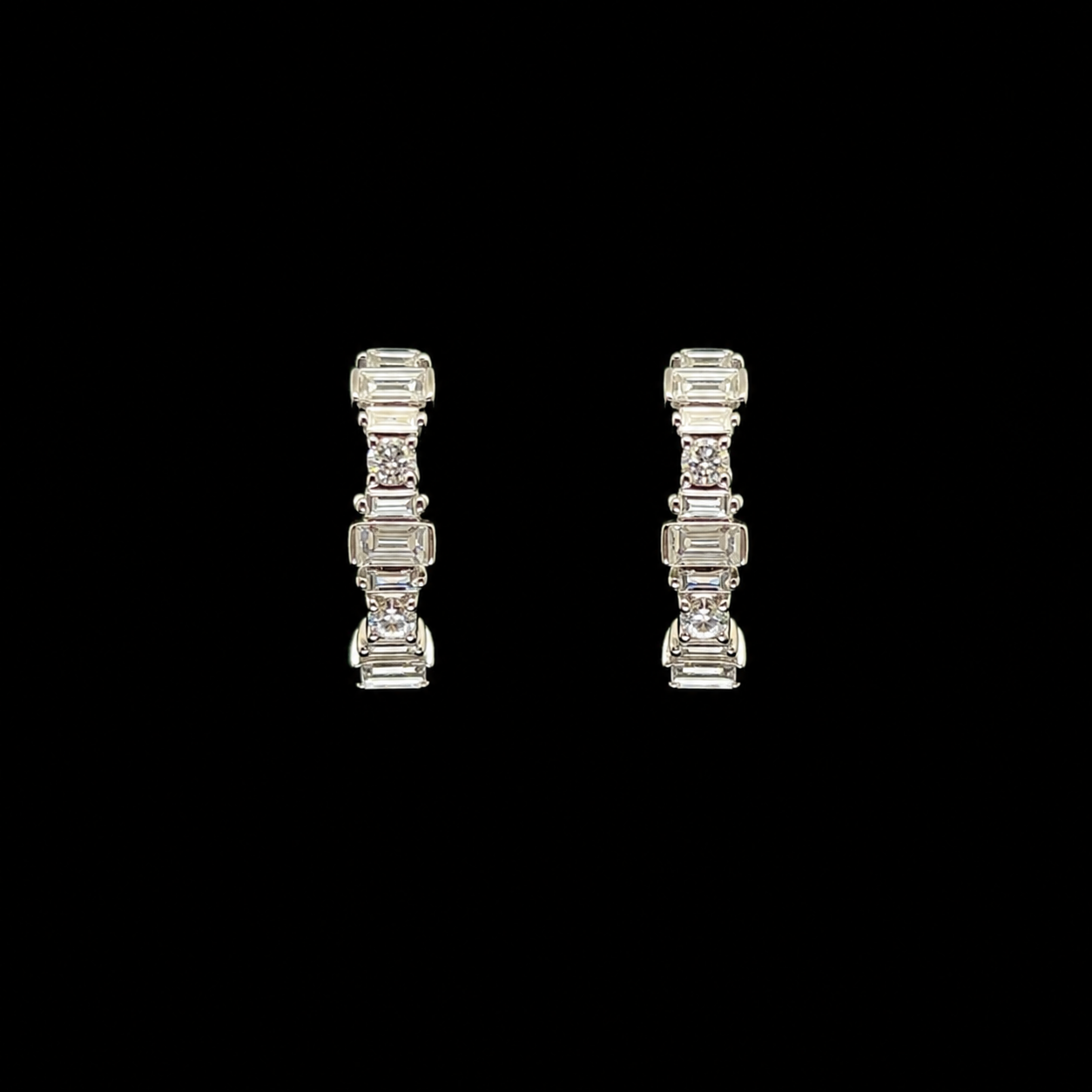 Baguette & Round Diamond Huggie White Gold Earrings