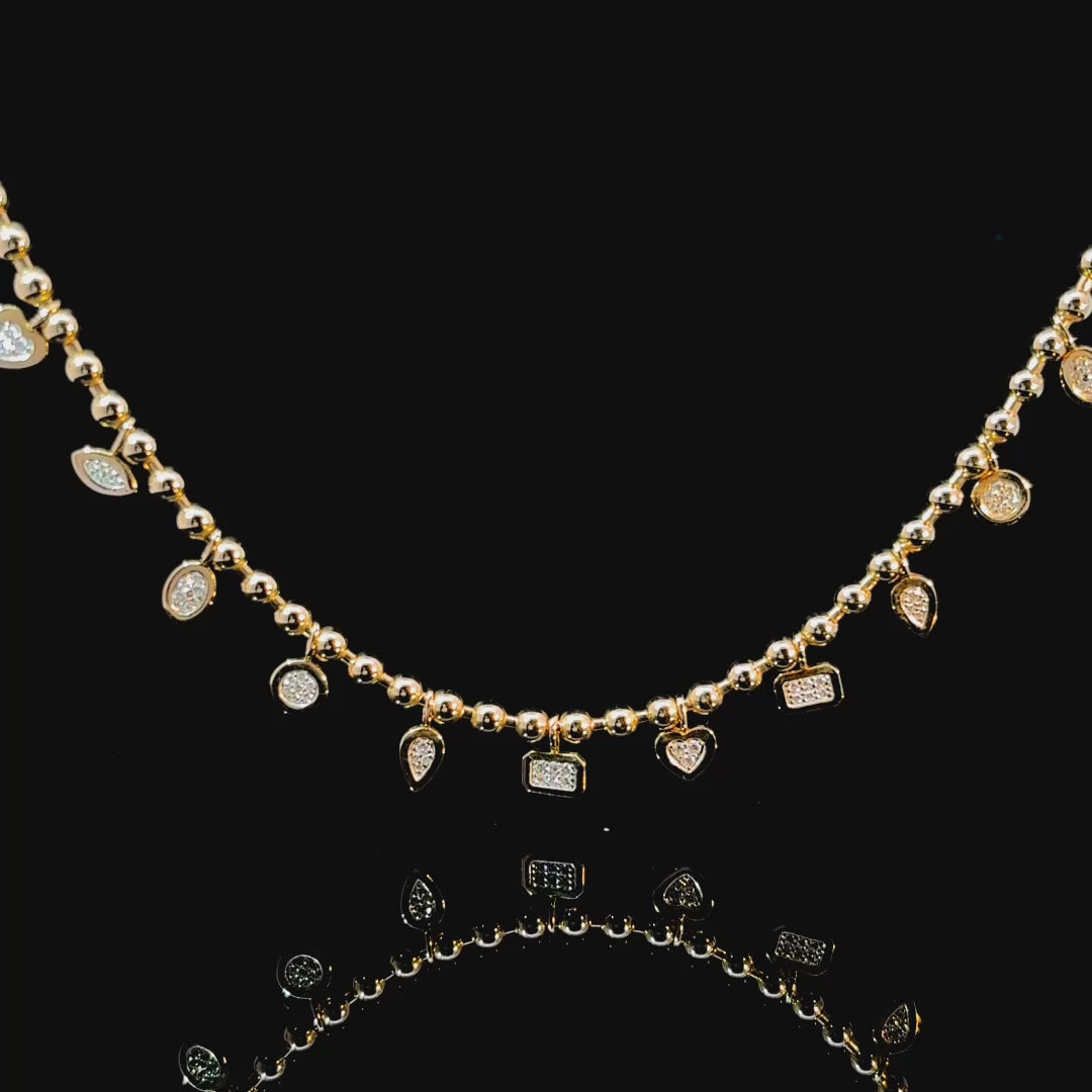 Multi Shape Diamond Ball Chain Yellow Gold Necklace
